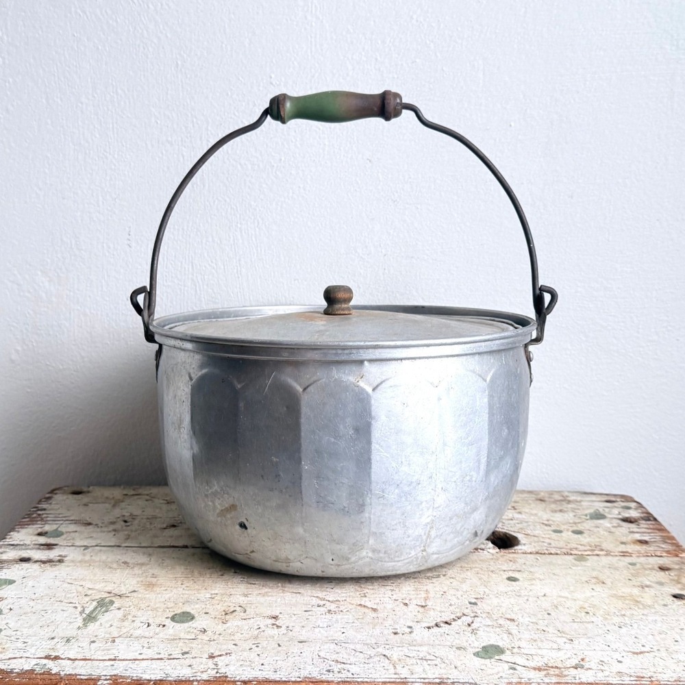 Vintage Aluminum Paneled Stock Pot With Lid Wooden Bail Handle 10" CSGD